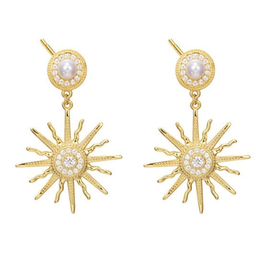 Gold plated shining sun flower and pearl drop luxury earrings for women in sterling silver 